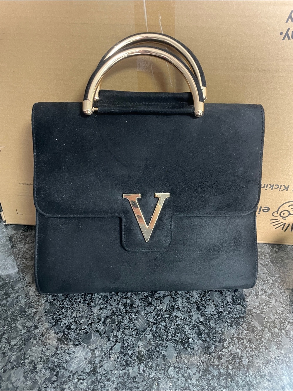 Black Suede Top-Handle Bag with Gold V Accent